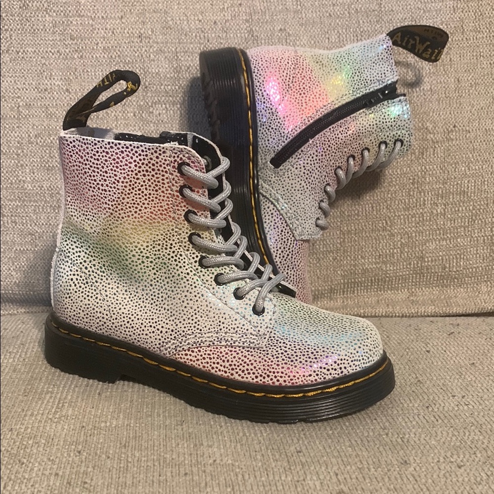 Dr. Martens White Iridescent Rainbow Sparkling Leather Boots size 9 toddler